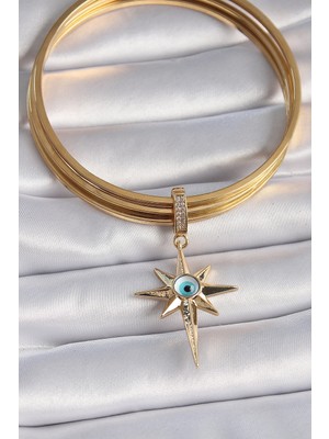 Alvo Store Buğz Pirinç Gold Renk Zirkon Taşlı Kutup Yıldızı Nazar Boncuk Detay Ajda Charm - Buğz