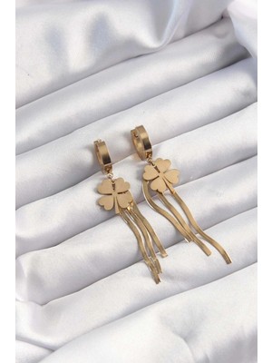 Alvo Store Buğz 316L Çelik Altın Renk Italyan Zincirli Yonca Model Halka Küpe - Buğz