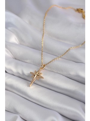 Alvo Store Buğz 316L Çelik Gold Renk Zirkon Taşlı Kutup Yıldızı Model Kadın Kolye - Buğz