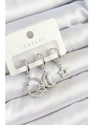 EkoAlışverişDünyam Pirinç Zirkon Taşlı Ay ve Yıldız Model Gümüş Renk 3'lü Çift Kadın Küpe Set - TJ-BKP10797