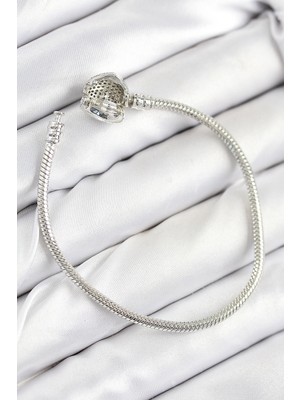 Alvo Store Buğz Pirinç Charm Zirkon Taşlı Kalp Model Gümüş Renk Kadın Bileklik - Buğz