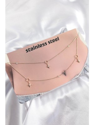 EkoAlışverişDünyam 316L Çelik Zirkon Taşlı Kutup Yıldızı Model Gold Renk Göbek Zinciri - TJ-BKGZ10344