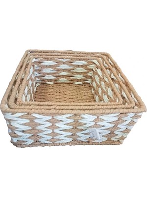 Alvo Store Buğz Kare Örgü Desenli Doğal Hasır Sepet Seti - 3'lü