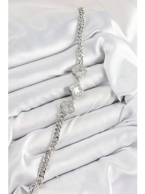 Alvo Store Buğz Pirinç Zirkon Taşlı Yonca Model Gümüş Renk Kadın Bileklik - Buğz