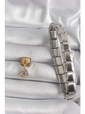 Alvo Store Buğz 316L Çelik Gold Renk Sallantı Zirkon Taşlı Göz Model Nomination Charm - Buğz