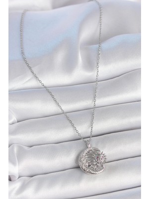 Alvo Store Buğz 316L Çelik Gümüş Renk Zincir Ay Güneş Model Zirkon Taş Detay Kadın Kolye - Buğz