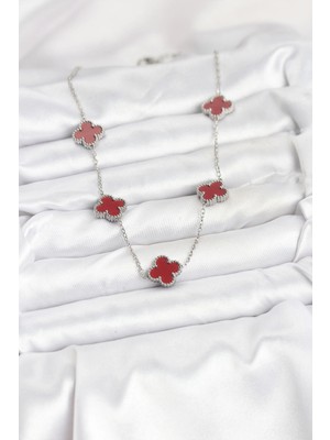 Alvo Store Buğz 316L Çelik Zincir Gümüş Renk Bordo Renk Yonca Kadın Kolye - Buğz