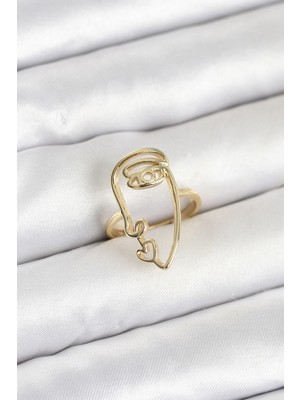Alvo Store Buğz Pirinç Gold Renk Picasso Tarzı Tek Çizgi Yüz Model Kadın Yüzük - Buğz