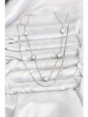 Alvo Store Buğz 316L Çelik Zincir Gümüş Renk Italyan Zincirli Yonca Model Kadın Kolye - Buğz