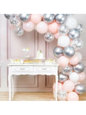 Feyza Design 50 Adet Pembe ve Beyaz Gümüş Krom Konfetli Balon Zincir Seti 5 Metre