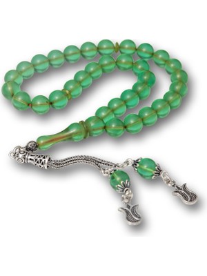 Gümüş Püsküllü Yeşil Yuvarlak Sıkma Kehribar Tesbih