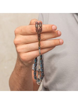 Gümüş Kazaz Püsküllü Kapsül Kesim Mavi Sıkma Kehribar Tesbih