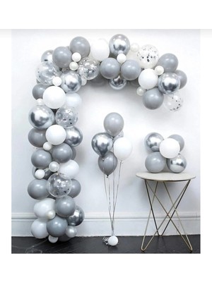 Feyza Design Krom Gümüş Beyaz Seffaf Balon Zinciri Seti - Hobi ve Parti Malzemeleri