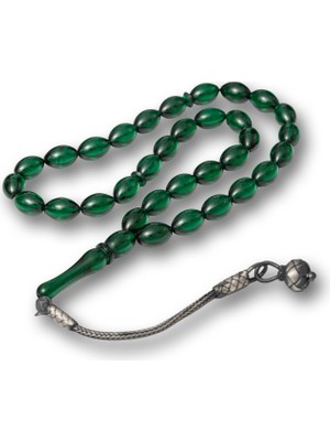 Gümüş Yeşil Kazaz Püsküllü Sıkma Kehribar Tesbih