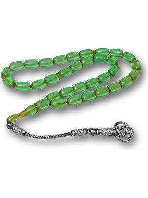 Gümüş Kazaz Püsküllü Kapsül Kesim Yeşil Sıkma Kehribar Tesbih