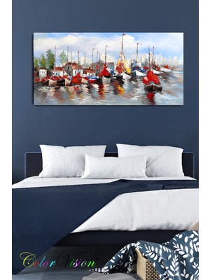 Feyza Design Liman Kasabası ve Tekneler Kanvas Tablo - Çok Renkli Dekorasyon