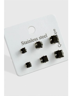 Hsc Bilişim 6 Adet Kare Zirkon Tek Taşlı Çelik Küpe