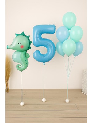 Feyza Design 5 Yaş Deniz Atı Temalı Mavi Yeşil Doğum Günü Balon Seti