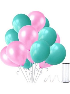Feyza Design 75 Adet Metalik Sedefli Su Yeşili-Pempe Balon ve 5 Metre Zincir