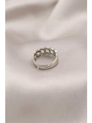 TE Dükkan Buğz Gümüş Renk Metal Zincir Model Taşlı Kadın Yüzük - Buğz