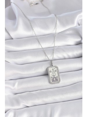 TE Dükkan Buğz 316L Çelik Gümüş Renk Terazi Burcu Zirkon Taşlı Kadın Kolye - Buğz