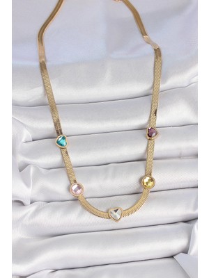 TE Dükkan Buğz 316L Çelik Gold Renk Italyan Zincir Renkli Zirkon Taşlı Kalp Figür Kadın Kolye - Buğz