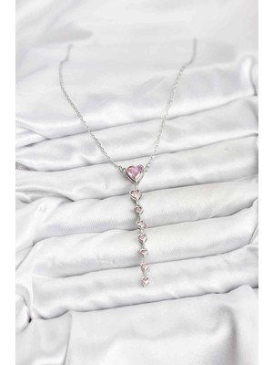 TE Dükkan Buğz 316L Çelik Zincir Gümüş Renk Pembe Kalp Kadın Kolye - Buğz