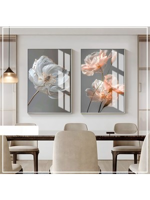 Feyza Design Harikabirev Özel Soft Çiçek Kombini Antrasit Gri 2'li Çerçeveli Tablo