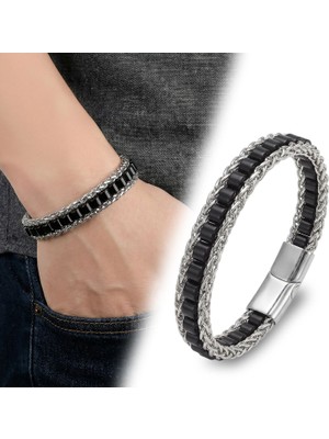 Fm 💎 Premium Oniks Doğal Taşlı Hasır Örgü Zincirli Erkek Çelik Bileklik 31832B28D1 - 21 cm