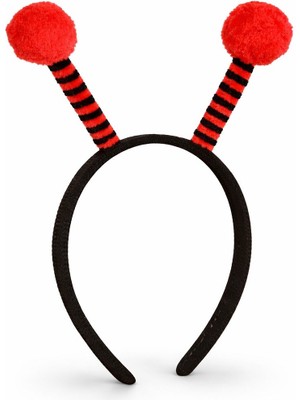 Bilfold Kırmızı Siyah Uğur Böceği Antenli Taç - Çuk Uğur Böceği Tacı Mega Ponponlu