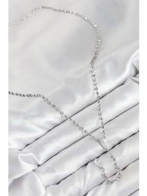 TE Dükkan Buğz Pirinç Zirkon Taşlı Gümüş Renk Kadın Y Kolye - Buğz