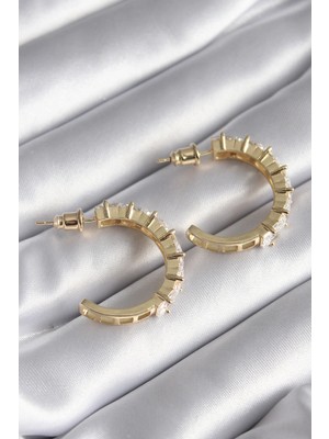 TE Dükkan Buğz Pirinç Gold Renk Zirkon Taşlı Halka Model Kadın Küpe - Buğz
