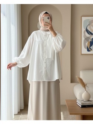 Modamorfo Yakası Fiyonk Detaylı Kolu Lastikli Düğmeli Keten Tunik -Beyaz