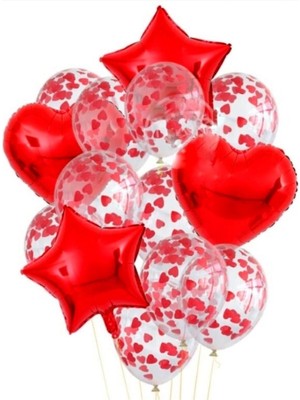 Feyza Design Kırmızı Kalp Konfetli Balon Demeti - 3 Yıldızlı ve 3 Kalpli