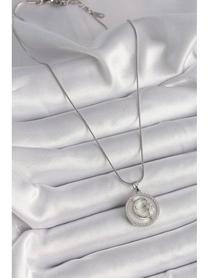 TE Dükkan Buğz 316L Çelik Gümüş Renk Zincir Zirkon Taş Detaylı Beyaz Sedefli Ay Yıldız Işleme Kadın Kolye - Buğz