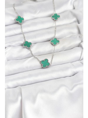 TE Dükkan Buğz 316L Çelik Zincir Gümüş Renk Yeşil Yonca Kadın Kolye - Buğz