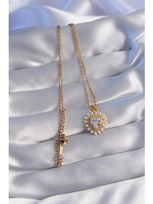 TE Dükkan Buğz 316L Çelik Zincir Gold Renk Incili Zirkon Taşlı Kalp Tasarımlı Kolye - Buğz