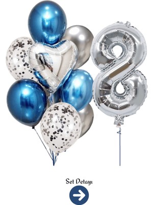 Feyza Design 8 Yaş Gümüş Rakam Mavi Gümüş Balon Seti
