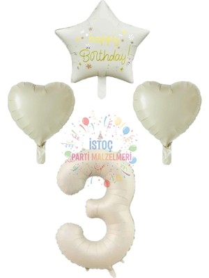 Feyza Design Krem Renk Rakam Happy Bırthday Yazılı Folyo Balon Seti Yaş 3