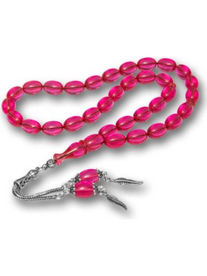 Gümüş Püsküllü Pembe Ateş Kehribar Tesbih