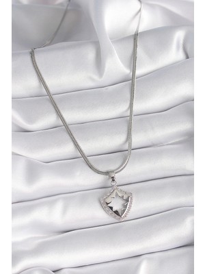 TE Dükkan Buğz 316L Çelik Gümüş Renk Italyan Zincir Zirkon Taşlı Kutup Yıldızı Işleme Model Kadın Kolye - Buğz