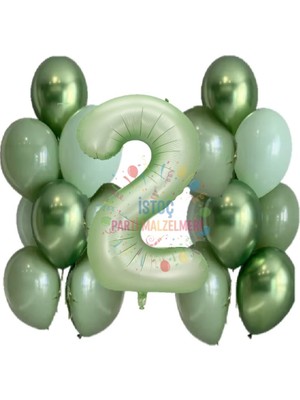 Feyza Design Yeşil Rakam ve Balon Seti - 2 Yaş Için Parti Malzemeleri