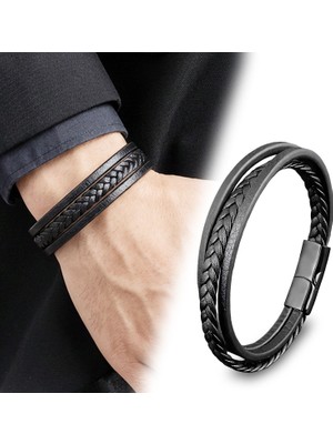Fm 💎 Premium Siyah Deri Erkek Bileklik – Titanyum Çelik Manyetik Kilitli 31833B14D3 - 21 cm