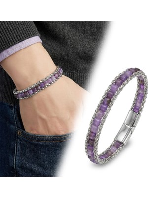 Fm 💎 Premium Ametist Doğal Taşlı Hasır Örgü Zincirli Erkek Çelik Bileklik 31832B28D5 - 21 cm