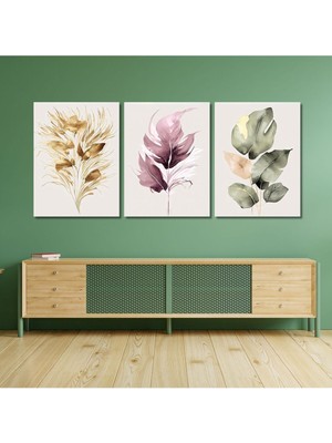 Feyza Design 3'lü Kanvas Duvar Tablosu Gold Lila Yeşil Yaprak Tasarımı
