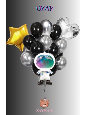 Feyza Design Kozmik Uzay Temalı Folyo Balon Seti - Yıldız ve Kalpli Tasarım