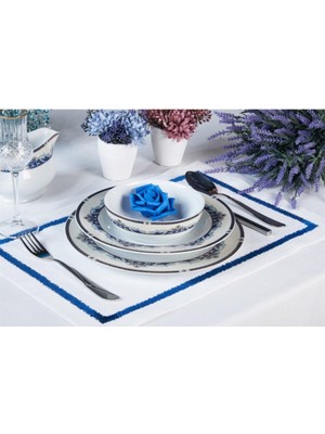 Feyza Design 2'li Amerikan Servis Iris Nakışlı Keten Efektli Lacivert