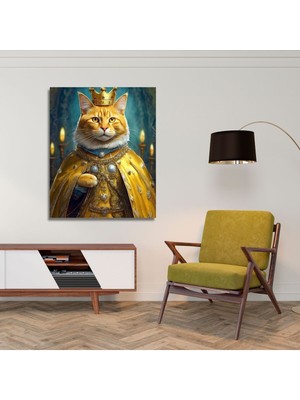 Feyza Design Tekli Dikey Kanvas Duvar Tablosu Kral Kostümlü Sarı Sarman Kedi