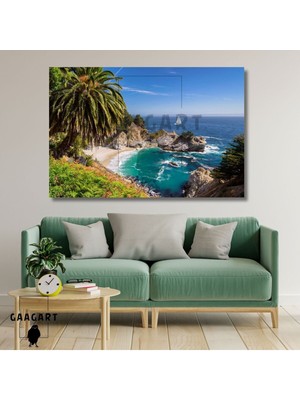 Feyza Design Yatay Kanvas Duvar Tablosu - Palmiyeli ve Deniz Manzarası