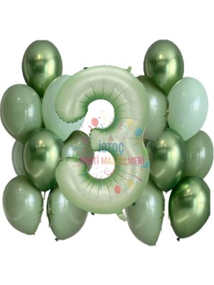 Feyza Design Yeşil Rakam ve Balon Seti - Yaş 3 Için Parti Malzemeleri